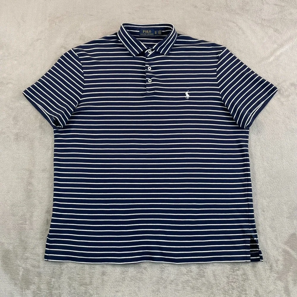Polo Ralph Lauren Polo Shirt Men XL‎ Navy Blue Striped White Pony Preppy Cotton